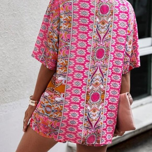 Boho Pink Paisley Open Front Kimono Top & Shorts Set - Picture 5 of 5
